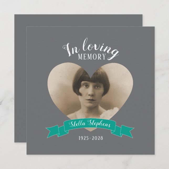 Memorial service photo teal ribbon funeral invites (Front/Back)