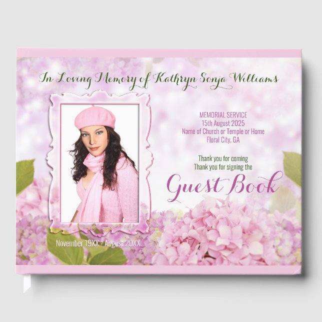 Memorial Service Pink Hydrangea Add Your Photo Guest Book (Front)