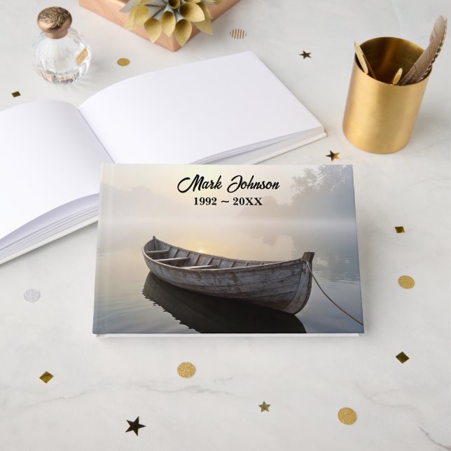 Memorial Service Rustic Rowboat On a Calm Lake Guest Book (Front Open)