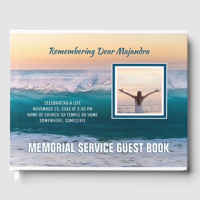 Memorial Service Sea Ocean Waves Add Your Photo Guest Book (Front)
