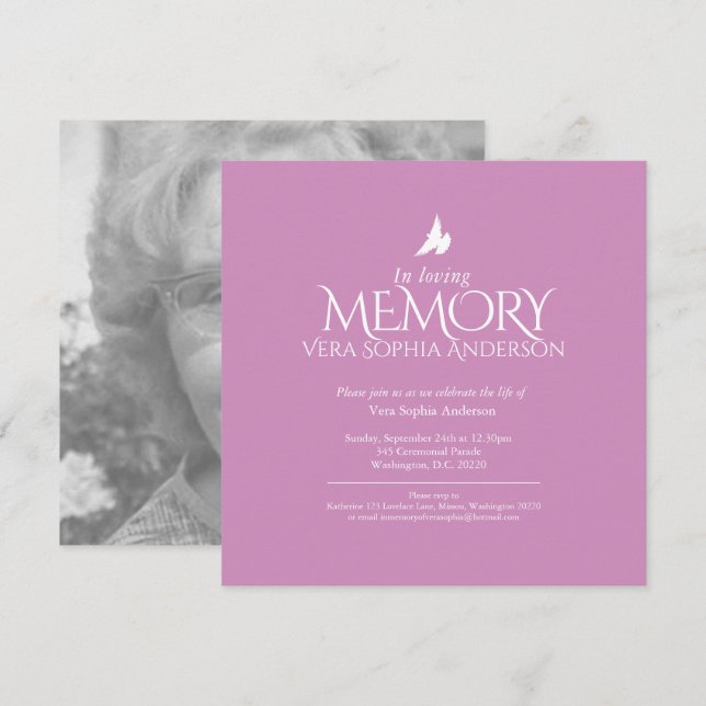 Memorial service simple white dove text funeral invitation (Front/Back)