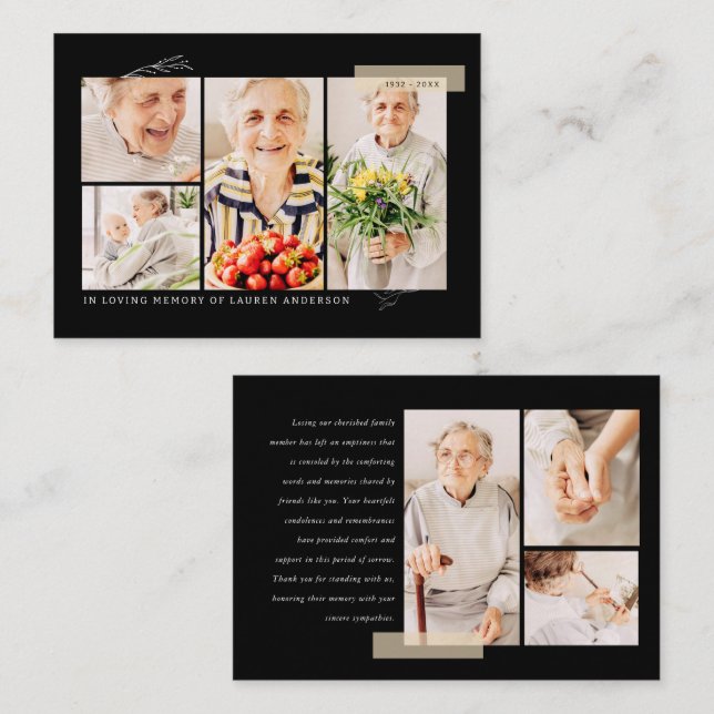 Memorial Simple Modern 7 Photo Grid Thank You Business Card (Front/Back)