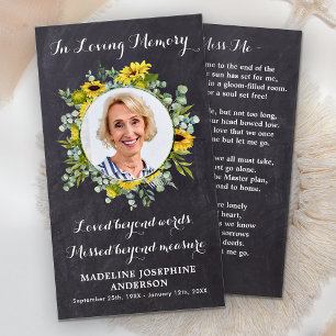 Memorial Sunflower Funeral Prayer Card Chalkboard
