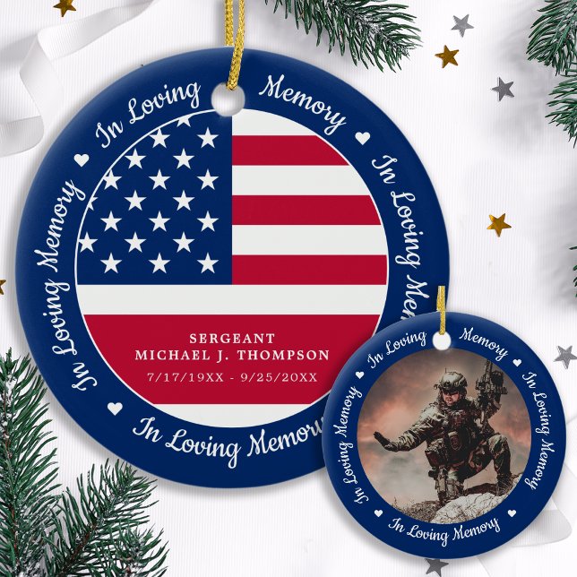 Memorial Veteran Photo USA American Flag Ceramic Ornament (Creator Uploaded)