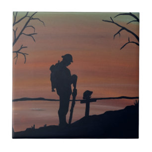 Memorial, Veternas Day, silhouette solider at grav Tile