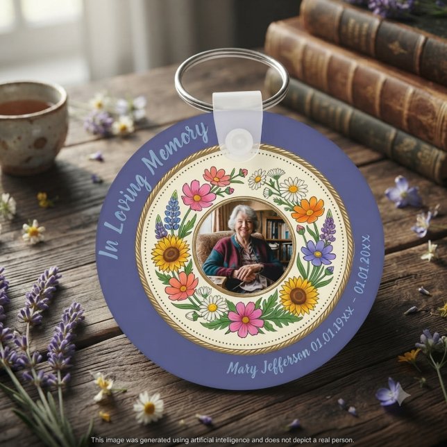 Memorial Wildflower Periwinkle Key Ring (Colorful floral photo keychain for a grieving family at a cottagecore celebration of life service.)