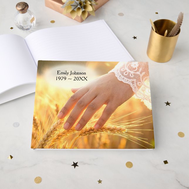 Memorial Woman's Hand Touching Wheat Guest Book (Front Open)