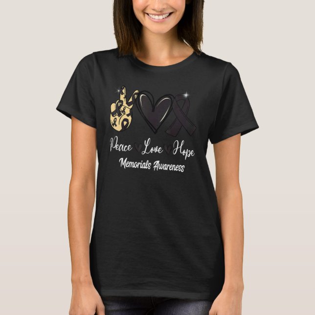 Memorials Awareness Peace Love Hope Black Ribbon T-Shirt (Front)