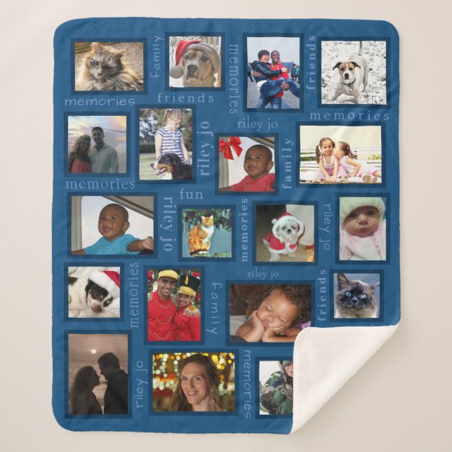Memories Classic Blue 20 Photo Personalised Sherpa Blanket (Front)