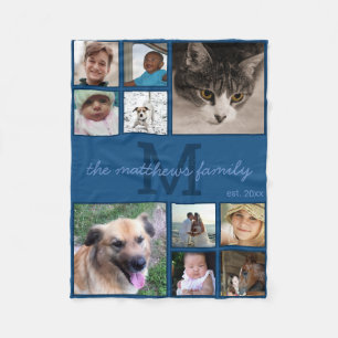 Memories Classic Blue Monogram 10 Photo Collage Fleece Blanket
