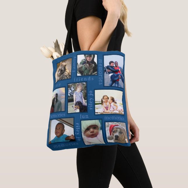 Memories Classic Blue Trendy 18 Photo Collage Tote Bag (Close Up)