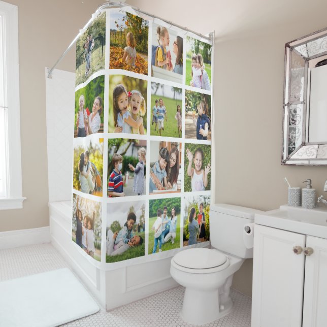 Memories in Motion: Customisable 16 Photo Collage Shower Curtain (In Situ)