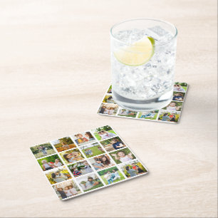 Memories in Motion: Customisable 16 Photo Collage Square Paper Coaster