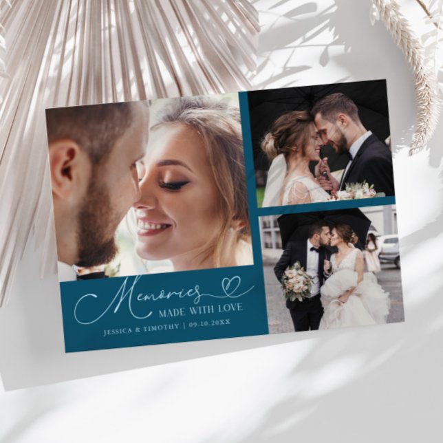 Memories Made With Love Wedding Teal Multi Photo Thank You Card (Creator Uploaded)