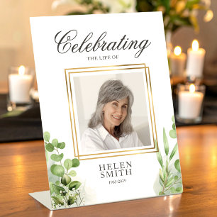 Memory Elegant Greenery Photo Funeral for Mom Pedestal Sign