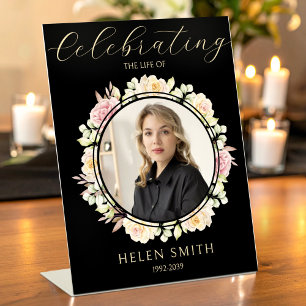 Memory Funeral Photo Floral Wreath Black Pedestal Sign