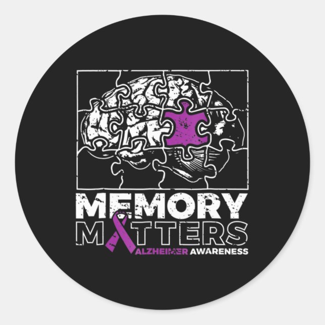 Memory Matter Purple Ribbon Brain Puzzle Alzheimer Classic Round Sticker (Front)