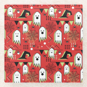 Memphis ghost: Halloween geometric pattern. Glass Coaster