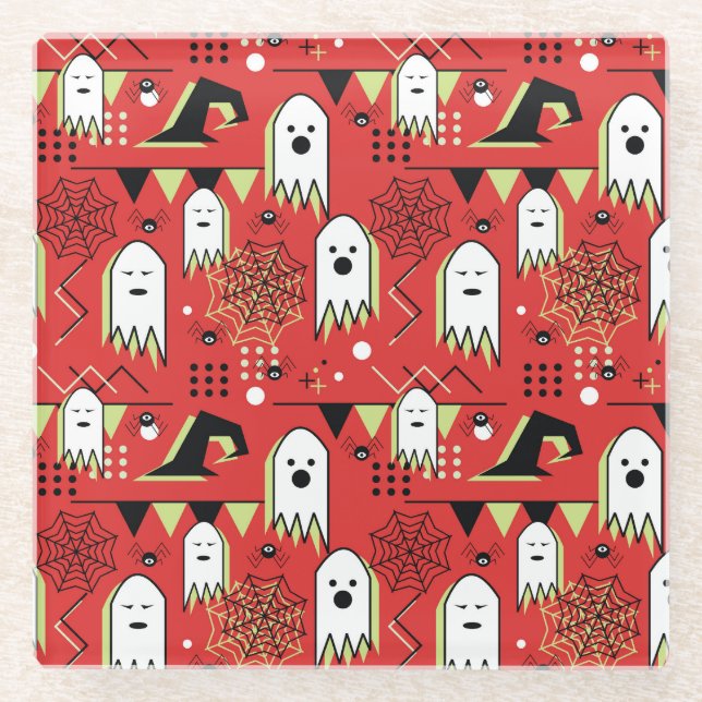 Memphis ghost: Halloween geometric pattern. Glass Coaster (Front)