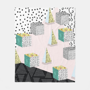 Memphis pattern with geometric, grid, striped and  fleece blanket