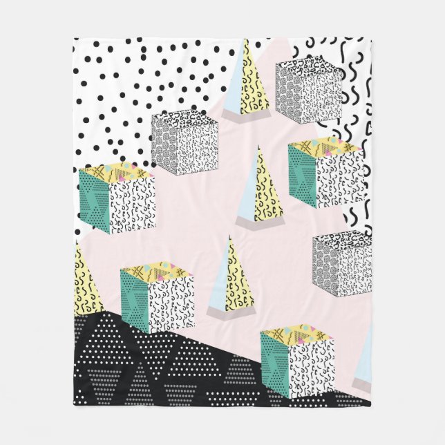 Memphis pattern with geometric, grid, striped and  fleece blanket (Front)