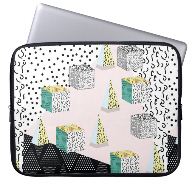 Memphis pattern with geometric, grid, striped and  laptop sleeve (Front)