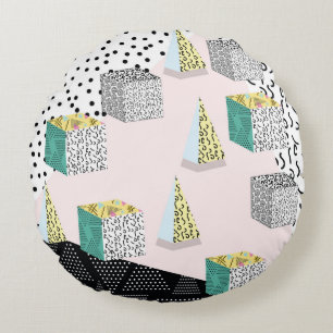 Memphis pattern with geometric, grid, striped and  round cushion
