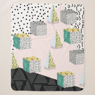 Memphis pattern with geometric, grid, striped and sherpa blanket