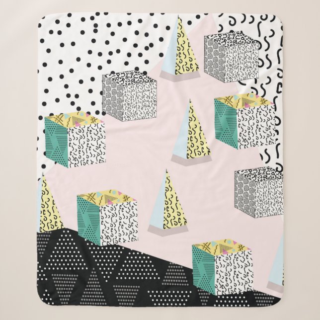 Memphis pattern with geometric, grid, striped and  sherpa blanket (Front)