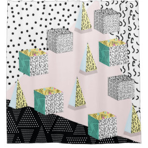 Memphis pattern with geometric, grid, striped and shower curtain
