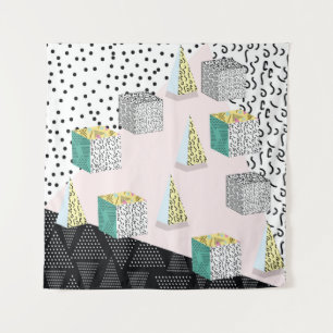 Memphis pattern with geometric, grid, striped and tapestry