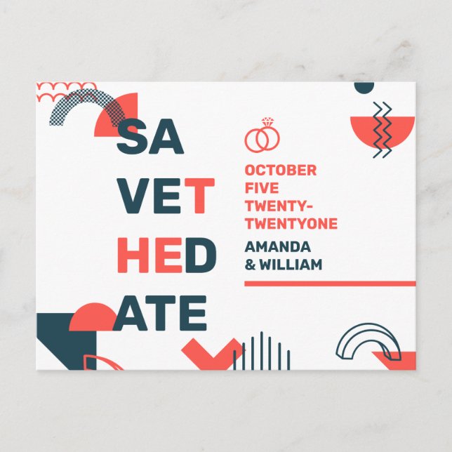 Memphis Style Abstract Blue & Red Wedding Save The Announcement Postcard (Front)
