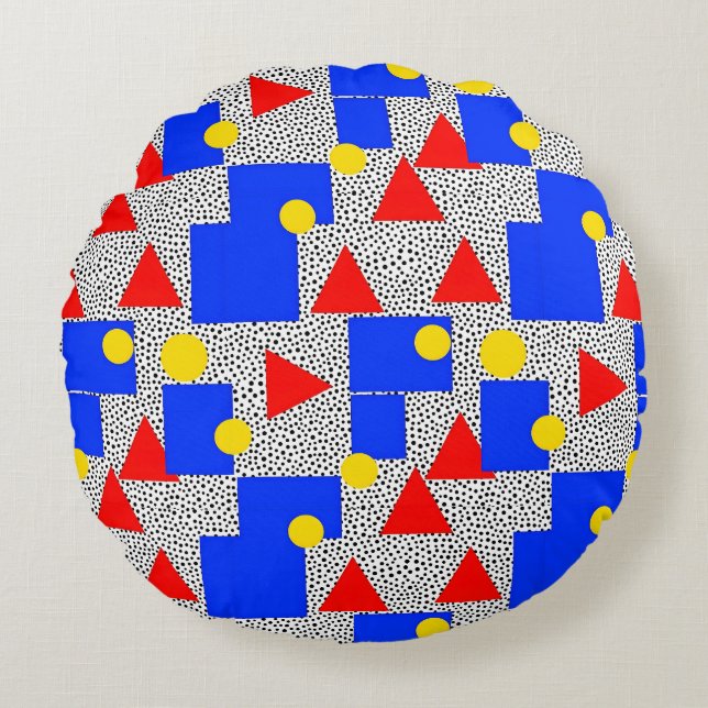Memphis Style Geometric Bold Primary Color Abstrac Round Cushion (Front)
