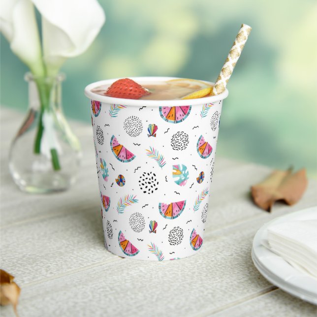 Memphis Style Tropical Summer Pattern Paper Cups (Insitu)