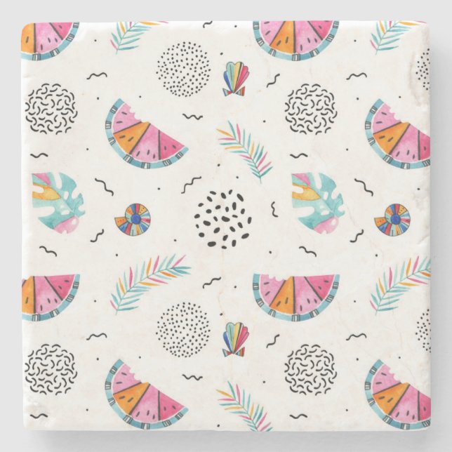 Memphis Style Tropical Summer Pattern Stone Coaster (Front)