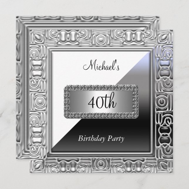 Men 40th Birthday Party Invitation White Silver (Front/Back)