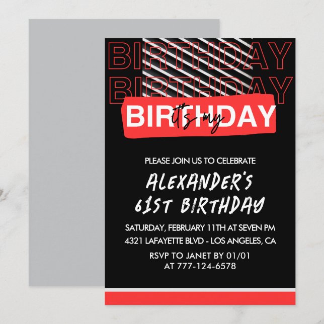Men 61st birthday Party invitations Black Red  (Front/Back)