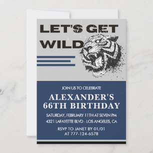 Men 66th birthday invitations Tiger Let's Get Wild