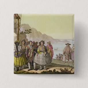 Men and women in elaborate costume, Chile, from 'L 15 Cm Square Badge