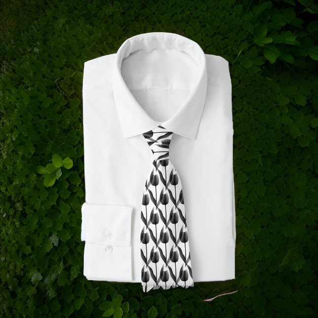 Men Black and White Tulips Botanical Tie (Creator Uploaded)