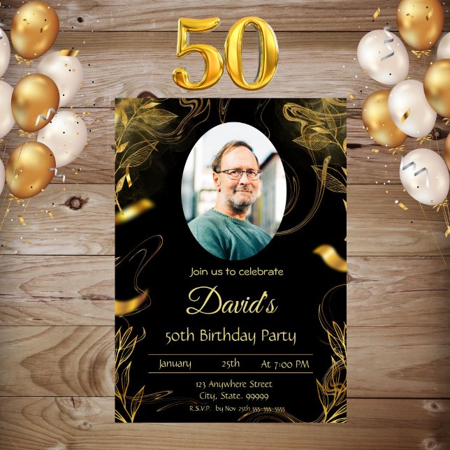 Men Black Gold Leaf 50th Birthday Invitation  (Creator Uploaded)
