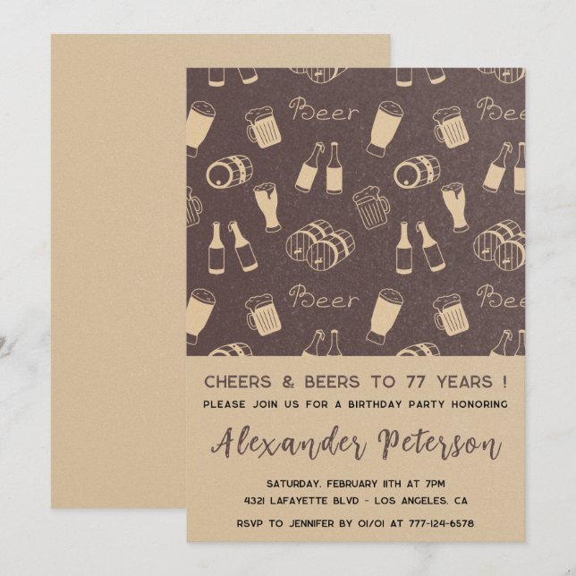 Men Cheers & Beer Rustic 77th birthday Invitation (Front/Back)