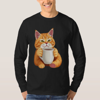 Men Cute Ginger Cat Coffee Graphic Long Sleeve T-Shirt