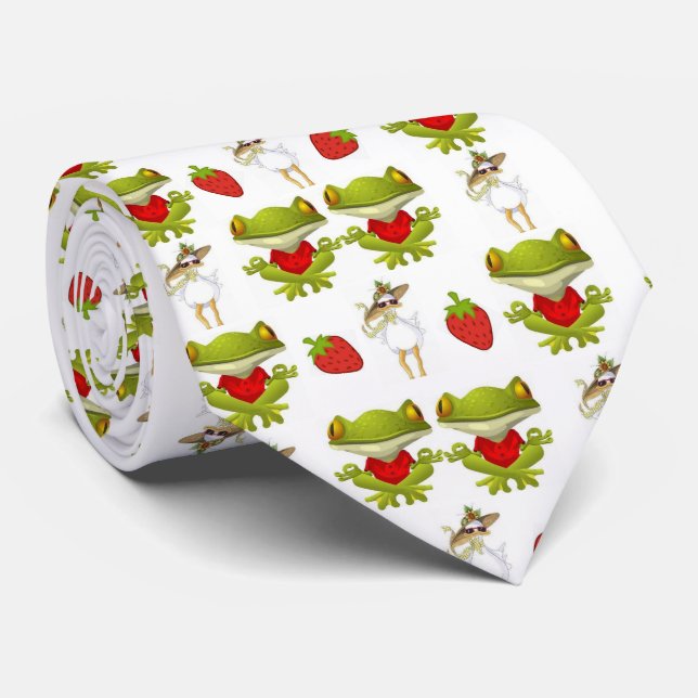 Men Designer Frogs Chicken Strawberry Tie (Rolled)