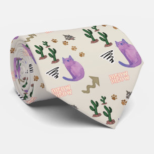Men Designer Ties Cat Fish Paws Meow Cactus