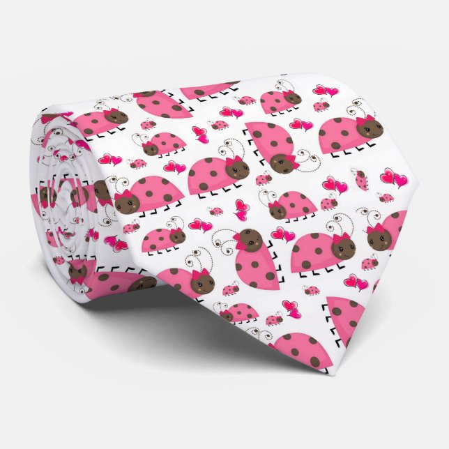 Men Designer Ties Pink Ladybugs (Rolled)