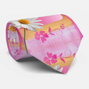 Men Designer Ties Pink White Daisy