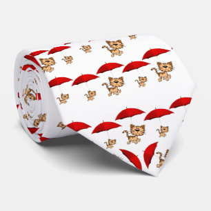 Men Designer Ties Red Umbrella Cats