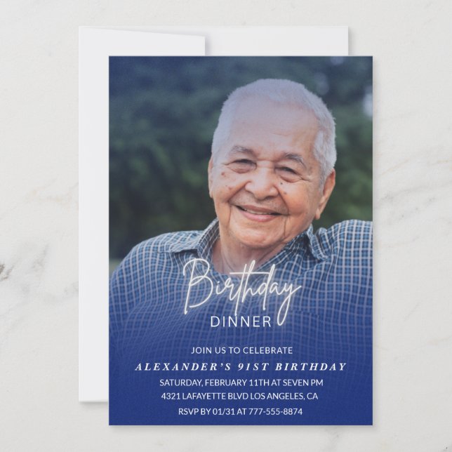 Men Dinner Photo Navy blue 91st birthday Invitation (Front)