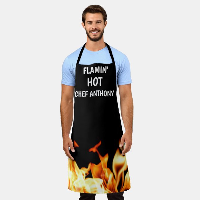 Men Flamin Hot Black Modern Dad Chef BBQ  Apron (Worn)